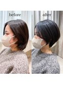 前髪なしスタイル分け目レイヤーカットブラック