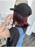 ワインレッド×切りっぱなしボブ
