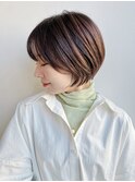 大人ショートボブ前髪ありピンクブラウン丸顔面長絶壁K20250111
