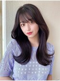 後れ毛が可愛い顔周りハイレイヤーロングチェリーブラウン