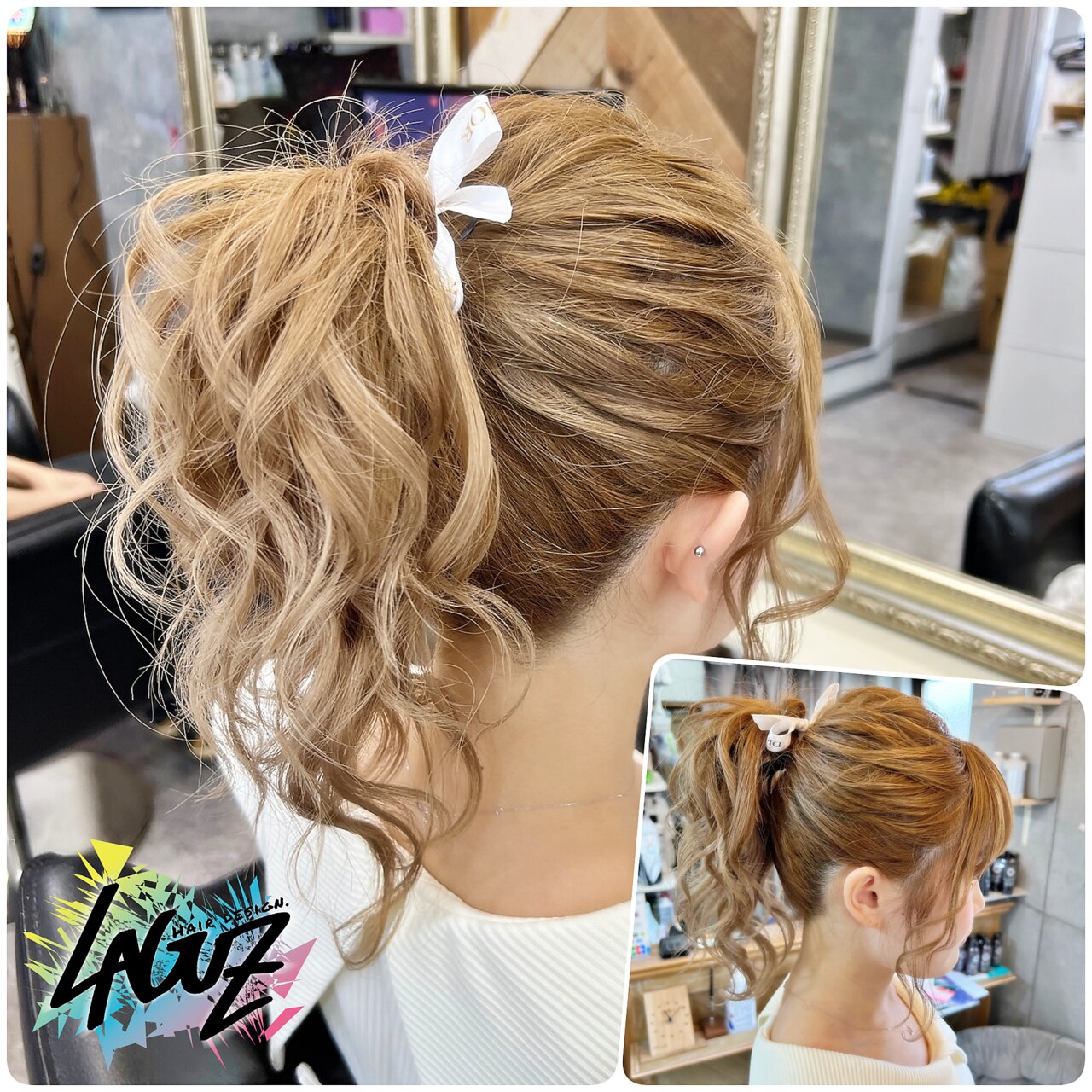 ヘアセット】 ハイトーンに合う柔らかポニーテール白リボン