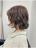 切りっぱなしボブパーマアッシュベージュレイヤーボブカット