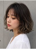 ミディアム ゆるふわボブ インナーカラー シースルーバング
