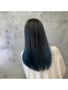 O 黒髪暗髪+グリーングラデーション×ツヤ髪ストレートロングヘア