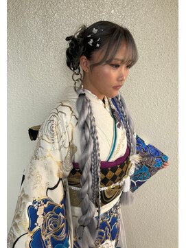 編み込み エクステ ツインテール 振袖 成人式 ヘアアレンジ