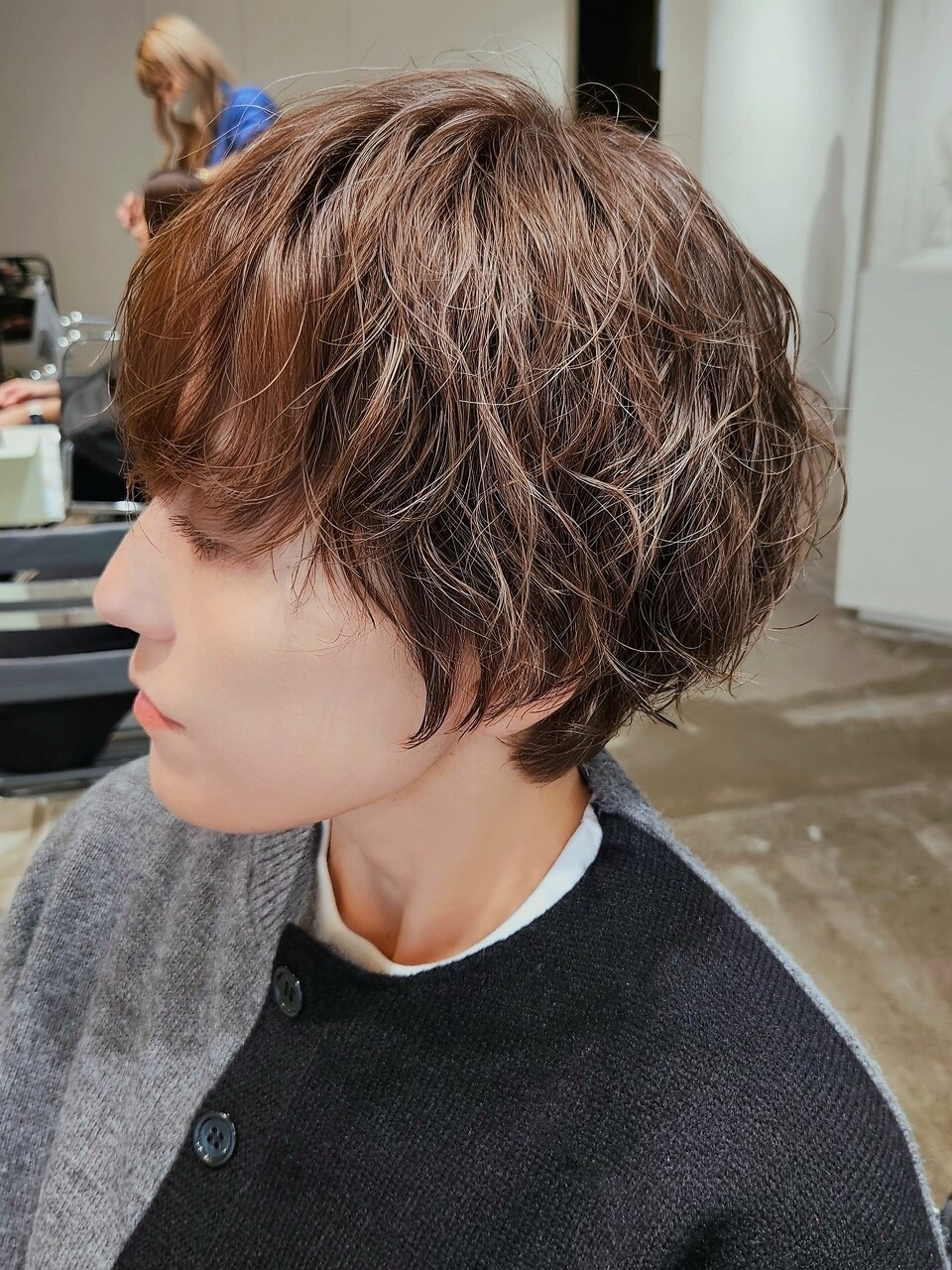 ❤人気　高品質　前面手縫い　全人毛 　パーマ　ウェーブ　ウイッグ45 茶系 ❤ オールバックウェーブパーマ」 かきあげオールバックウェーブ