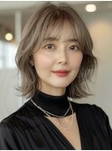 デザインカラーレイヤーカットウェットヘアオリーブベージュ白髪