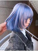 ネイビーブルーハッシュカットボブケアブリーチダブルカラー