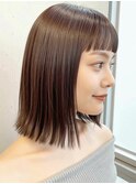 切りっぱなしボブ/ワイドバング/ココアブラウン/小顔カットp川口