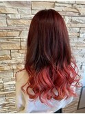 レッドグラデ-ションカラー/暖色カラー/ロングウェーブ巻き/韓国