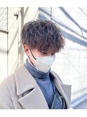 メンズダークアッシュニュアンスパーマ韓国マッシュウルフカット
