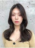 美髪オリーブグレージュ韓国レイヤーロングセミディ顔周り前髪