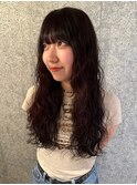 チェリーレッド×ロングスパイラルパーマ◎