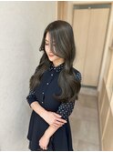 小顔薄めバンググレージュレイヤーロング前髪パーマ黒髪