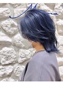 #ウルフカット#ネイビーカラー#ケアブリーチ