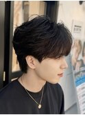 韓国へアカルマパーマワックスなしセンターパート黒髪ウルフ