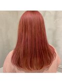 暖色カラーオレンジピンク毛先ワンカールセミロングケアブリーチ