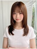 小顔 前髪 レイヤーカット くびれヘア アプリコットオレンジ"