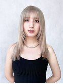 美髪顔周りレイヤーロング韓国ヘアホワイトグレージュ_F20103