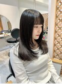 ミディアムレイヤーカット地毛風カラーグレージュ暗髪黒髪ロング
