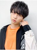 波打ち韓国風メンズパーマセンターパートマッシュウルフ似合わせ