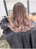 バレイヤージュピンクブラウン ウェーブ仕上げ