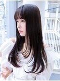 顔回りレイヤー/ぱっつん前髪/黒髪/ナチュラルロング/本牧