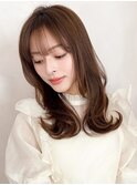 小顔カット薄めバングワンカールココアベージュ小顔モテ髪