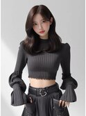 韓国風ロングレイヤー 斜めバンググレージュカラー