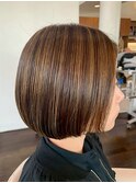ショート/丸みボブ/ハイライト/ブラウン