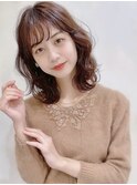 レイヤーミディ　ゆるふわ巻き　流しバング　ヴィンテージカラー