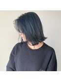 大人可愛い前下がり切りっぱなしボブ/ネイビーアッシュカラー