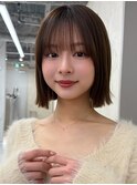 顔周りカット/縮毛矯正/ダークブラウン/コーラルピンク