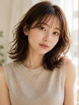 ヘアメイク アージュ 天神西通り店(HAIR MAKE age) ミディアム レイヤーカット 外ハネ シースルーバング ベージュ