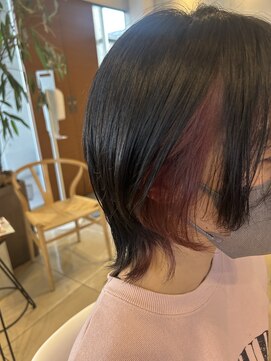 アチーブ ヘア デザイン(achieve hair design) ワインレッドイヤリングカラー黒髪ショートボブフェイスレイヤー