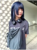 ブルーブラック　ネイビー　ミディアムウルフ　姫カット
