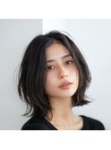 ナチュラルウルフカット黒髪ミディアムウルフレイヤーカット