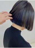 大人可愛い前下がりショートボブインナーカラー青ツヤ髪髪質改善