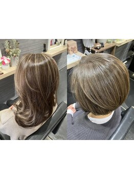 明るめのグレイカラーや白髪ぼかしのハイライトで白髪の悩みを解決。白髪の悩みから褒められヘアカラーに☆