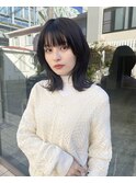 韓国似合わせカットミディアムくびれヘア重めバング暗髪カラー