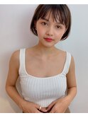 ミニボブ 毛先パーマ　黒髪 シアーグレージュ　フレンチボブ 