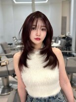 ひし形ミディアム前髪黒髪ボブルフネビージュ小顔ワンレン