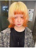 ウルフボブレイヤーカッブロンドオレンジ裾カラーエンドカラー