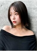 ◯ぱっつん前髪流し前髪鎖骨ミディアムボブ耳かけボブパーマ小顔