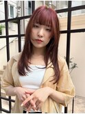 姫カットレイヤーウルフミディアム　ぱっつん前髪カシスオレンジ