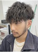 メンズウルフ波巻きツイストスパイラルMIXツーブロックパーマ