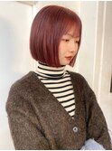 オレンジピンク　切りっぱなしボブ　似合わせカット　ブリーチ