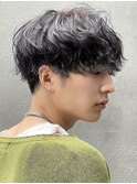 原宿メンズマッシュウルフ無造作シャドウパーマツーブロック黒髪