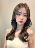 ミディアムレイヤーボブルフ黒髪ネビージュ小顔ワンレン20代30代
