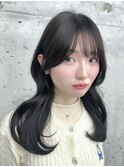 美髪カールブルーブラック韓国レイヤーロングセミディ顔周り前髪